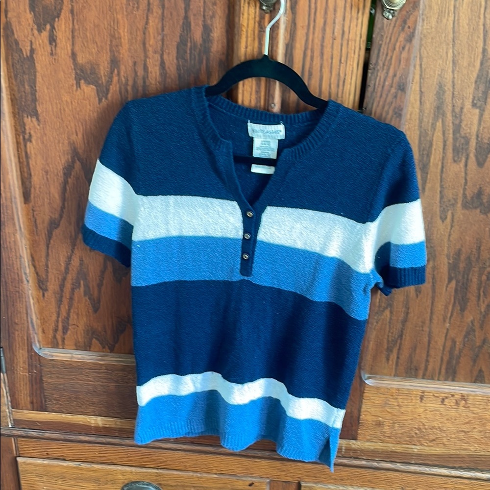 Vintage Blue and White Striped Knit Blouse White Stag (Small 4/6)